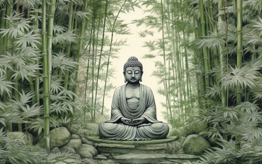 Buddha statue in the garden with bamboo background, vintage tone Generative AI