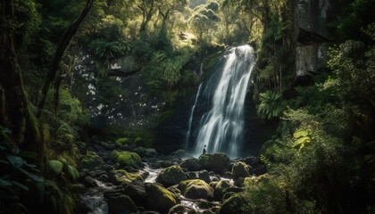Fototapeta na wymiar Tranquil tropical rainforest cliff, flowing water, green fern growth beauty generated by AI