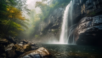Tranquil scene of majestic mountain range, flowing water and green foliage generated by AI