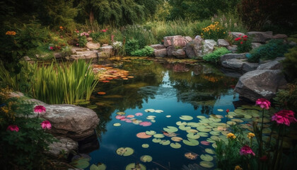 Fototapeta na wymiar Tranquil scene of multi colored flowers reflect in peaceful pond water generated by AI
