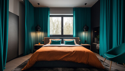 Luxury hotel room with modern design, comfortable bedding, and elegant decor generated by AI