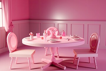 Pink dollhouse. Dining room interior in miniature. Small cute table and chairs. Crockery and toy food. Generative Ai