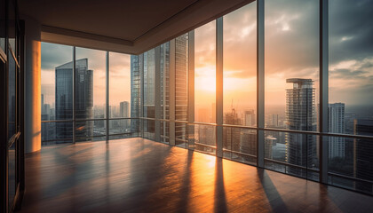 Modern city skyline reflects success with futuristic architecture and panoramic views generated by AI