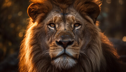 Majestic lioness staring at camera in African wilderness, fur glistening generated by AI