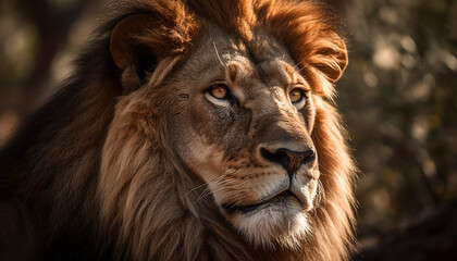 Majestic lioness staring at camera in African wilderness, danger present generated by AI