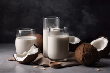 Coconut vegan milk non dairy in different bottles with copy space, generative ai