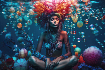 Obraz na płótnie Canvas Beautiful mermaid girl at the bottom of the ocean 