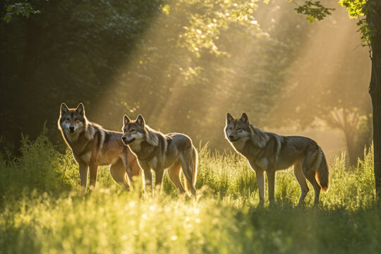viele Wölfe im Wald in der Abendsonne
