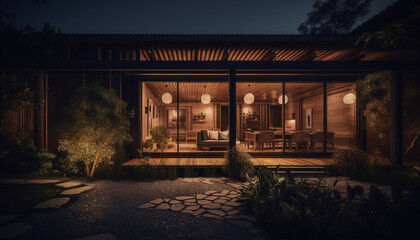 Modern table design illuminated by electric lamps in twilight outdoors generated by AI