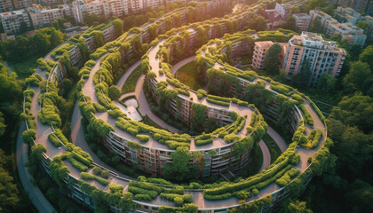 Fototapeta premium Modern city skyline with green trees and blue water patterns generated by AI