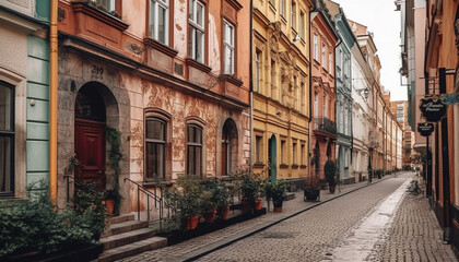 Naklejka na ściany i meble Old fashioned city street with narrow cobblestone footpath and lanterns generated by AI