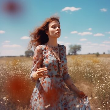 beautiful woman, sky, field