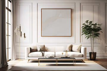 Mockup wall frame in luxury living room with modern sofa.