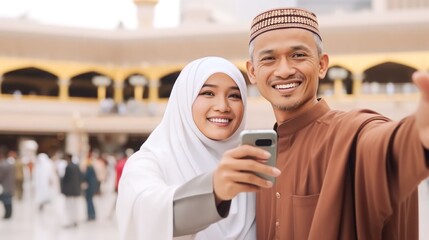 Muslim couple taking selfie with phone showing view of kaaba in Mecca and bustling Muslim people, Generative AI