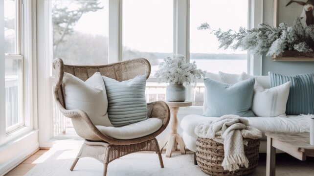 Living room decor, home interior design . Coastal Bohemian style with Bay Window decorated with Rattan and Linen material . Generative AI AIG26.