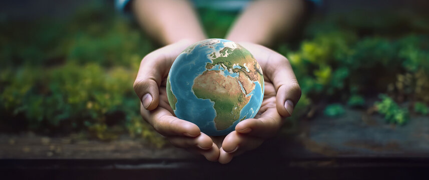 Hands holding Earth globe on a natural green background, as a symbol for environment protection and care of the planet. Earth Day concept - Generative AI, elements of this image furnished by NASA