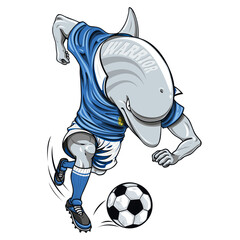 Dolphin soccer player with orange shorts and blue t-shirt, running with the ball. Soccer player dolphin mascot of a soccer team. Sport illustration concept. © trattieritratti