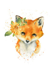 Cute fox print. Watercolor character fox. Forest poster.