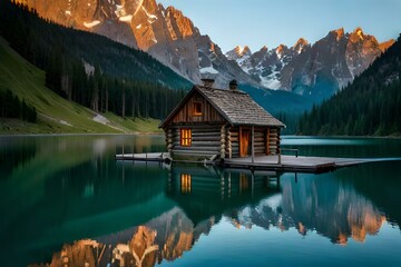 Fototapeta premium A beautiful house of exterior on top of mountain surrounded with beautiful landscapes, Ai Generated 