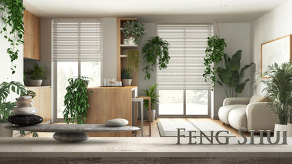 Wooden vintage table shelf with pebble balance and 3d letters making the word feng shui over minimal kitchen and living room with many houseplants, urban jungle interior design