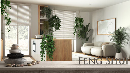 Wooden vintage table shelf with pebble balance and 3d letters making the word feng shui over kitchen and living room with sofa and houseplants, urban jungle interior design