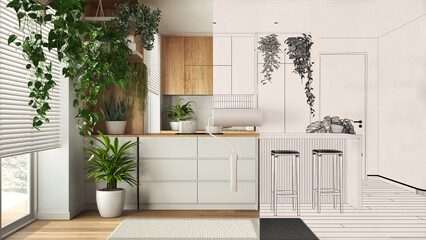 Paint roller painting interior design blueprint sketch background while the space becomes real showing wooden kitchen. Before and after concept, urban jungle interior design