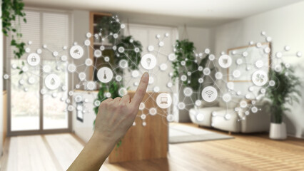 Glowing smart home interface, geometric background, connected line and dots showing internet of...