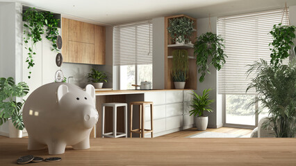 Wooden table top or shelf with white piggy bank with coins, minimal kitchen and dining room, expensive home interior design, renovation restructuring concept architecture