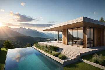 Fototapeta na wymiar A beautiful house of exterior on top of mountain surrounded with beautiful landscapes, Ai Generated 