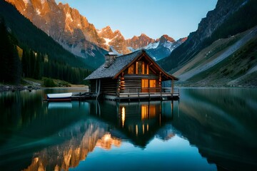 Fototapeta premium A beautiful house of exterior on top of mountain surrounded with beautiful landscapes, Ai Generated 