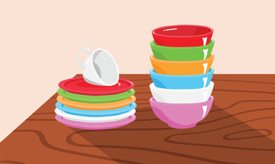 Multicolor ceramic bowl and plate stack on wood table vector illustration set. Kitchen household concept. Cutlery vector set. Pile of bowl and plate. Clean dishes set. Crockery set.