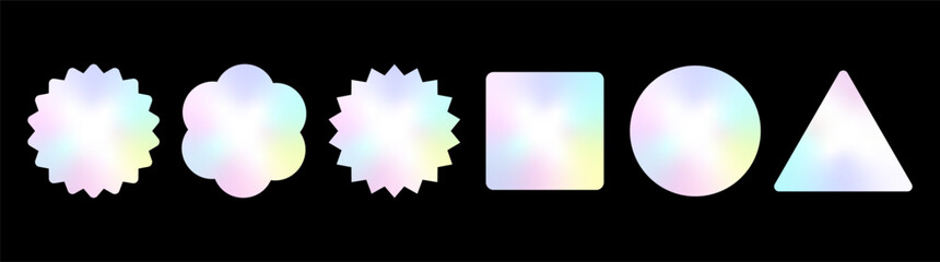 Hologram badge set. Holographic labels collection. Different geometric gradient figures group.