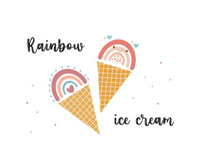 Rainbow ice cream in boho style. Kawaii rainbow in waffle cup cone. Design print illustration for poster, card. Vector
