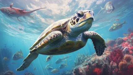 Fototapeta premium Sea turtles and seals: Pictures capture these beloved marine animals, highlighting their unique characteristics and their connection to the ocean environment. Generative AI