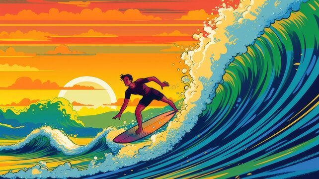 Surfing and water sports: Illustrations showcase surfers riding waves or individuals engaging in water activities like paddleboarding or kayaking. Generative AI
