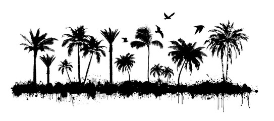 Palm trees silhouette. Coastline. Abstract monochrome blots. Vector illustration