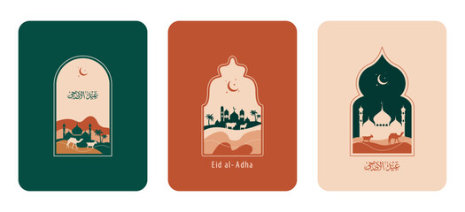Set Eid Adha Mubarak Greeting Card Design. Arabic Islamic Calligraphy with modern bohemian flat style. Vector illustration