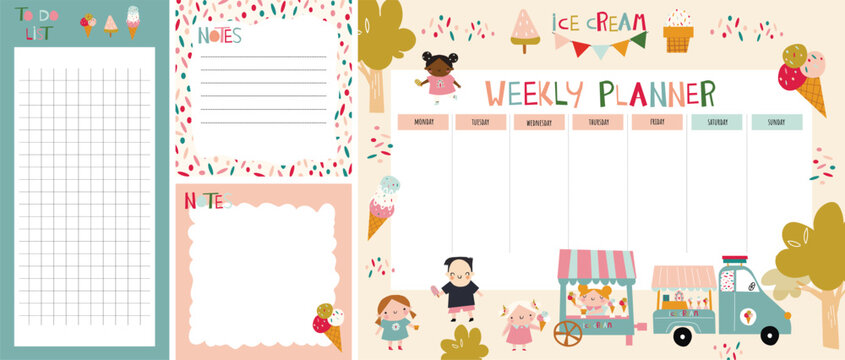 set of weekly planners Ice cream . Kids schedule of classes. Notes and to do list. Memo pages with ice cream. Summer. Timetable design with ice cream. Organizer sheets