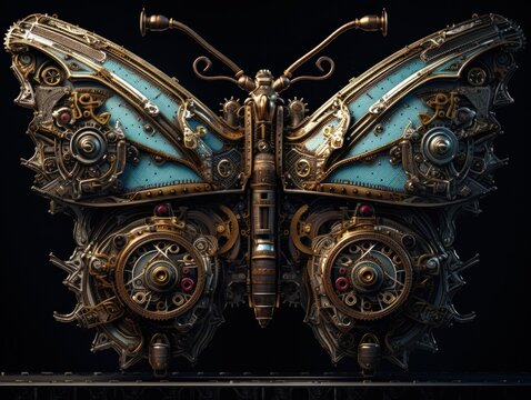 Abstract fantasy colorful mechanical butterfly background created with Generative AI technology.