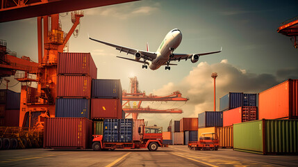 airplane cargo transportation by plane, unloading containers of boxes at the airport. Generative AI