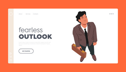 Fearless Outlook Landing Page Template. Male Character Feel Joy, Radiant Smile Spreads Across Of His Face As He Looks Up