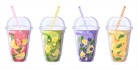 Set with fruits lemonades. Summer refreshing drinks in plastic cup.	
