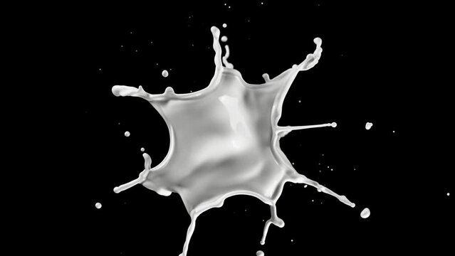 Realistic super slow motion of flying milk splash on black background. Filmed on high speed cinema camera, 1000 fps. Top view shot. Speed ramp effect.