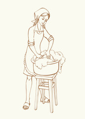 Vector drawing. Girl washing clothes in a basin