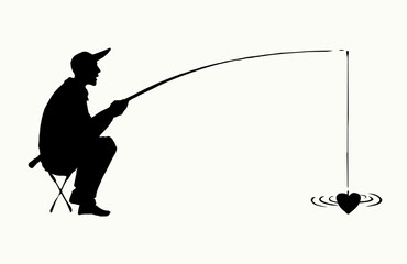 Obraz premium Vector drawing. The fisherman catches the heart