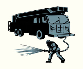 Vector drawing. Firefighter puts out the fire