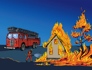 Vector drawing. Firefighter puts out the fire