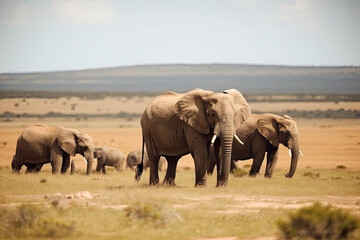 Fototapeta premium African Elephants family walking in the Savanna park, Animal wildlife habitat in the nature forest, beautiful of life, massive body part, largest mammal, with Generative AI.
