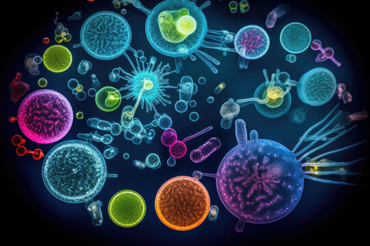 Colorful variety of microorganism inside petri dish plate in laboratory with super macro zoom background, including of bacteria, protozoa, algae, and fungi, with Generative AI.