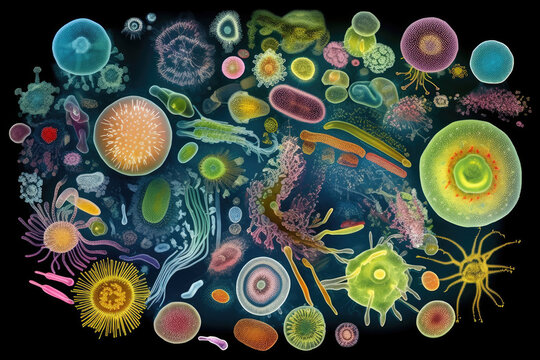 Colorful variety of microorganism inside petri dish plate in laboratory with super macro zoom background, including of bacteria, protozoa, algae, and fungi, with Generative AI.